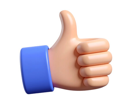 3D cartoon hand icon with thumbs up, smooth and glossy texture, friendly gesture