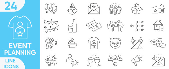 Event Planning icon vector and illustrator set.venue, invitations, Management, wedding, entertainment, event planner, registration, catering and more.Editable stroke.