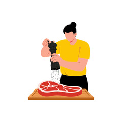 Person Seasoning Steak with Pepper Grinder on Wooden Board Isolated