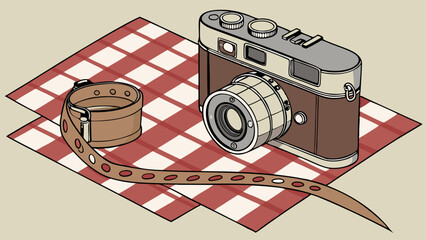 Vintage Camera and Film on Checkered Cloth.