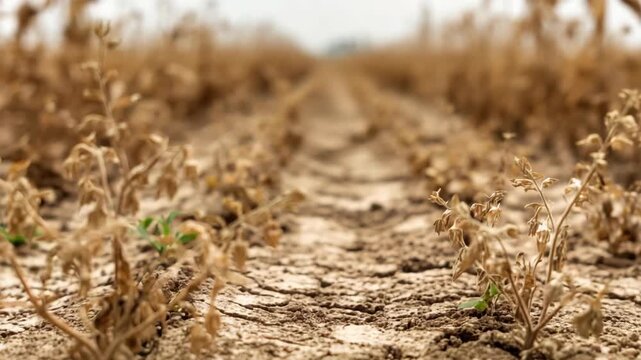 Dried crops struggling for life in parched soil during a harsh summer drought in a farm field