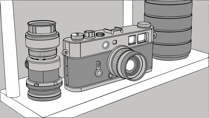 Vintage Camera and Lenses on a Shelf.