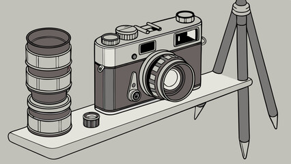 Vintage Camera Lens and Tripod on a Shelf Illustration.