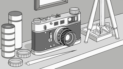 Vintage Camera Tripod and Accessories Illustration on a Shelf.