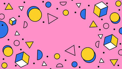 Pink background with colorful geometric shapes, suitable for vibrant and energetic designs, party invitations, digital art, and modern aesthetics.
