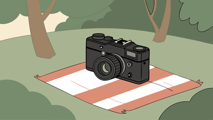 Vintage Camera on Picnic Blanket in Park Setting.