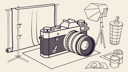 Vintage Camera with Studio Lighting and Backdrop Setup.