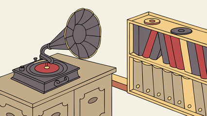 Vintage Record Player and Bookshelf Illustration.