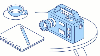 Vintage Video Camera Notebook Pencil and Coffee Cup on Table.