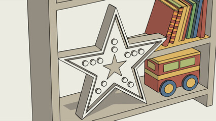 Wooden Star Books and Toy Train on a Shelf.