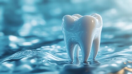 Highly detailed 3D rendering of a white molar tooth standing on a smooth reflective blue liquid surface, symbolizing dental health, oral care, dentistry, and modern dental visualization concepts