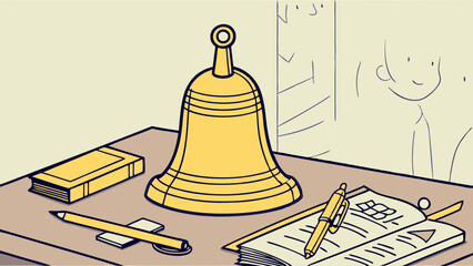 Yellow Desk Bell with Book Pencil and Pens.