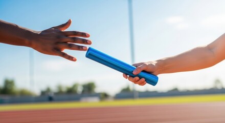 Relay Race Hand-off: Blue Baton Exchange on Track, Sunny Day