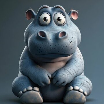Blue Hippo Sad eyed cartoon hippo sitting with hands together and a grey background