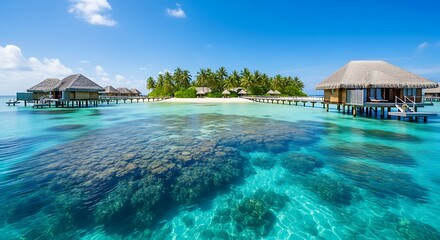 Tropical Paradise in the Maldives: Overwater Bungalows and Pristine Turquoise Waters, Vacation Dreams: Luxury Resort on a Remote Island with Vibrant Coral Reef