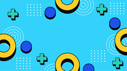 Obraz premium Vibrant abstract geometric design with blue circles, yellow rings, and plus signs. Suitable for backgrounds, web design, and modern artistic concepts.