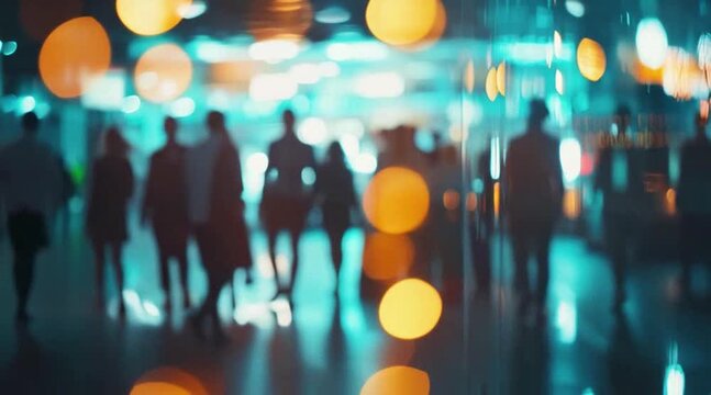 Urban Silhouettes: Blurred Figures Amidst Vibrant City Lights