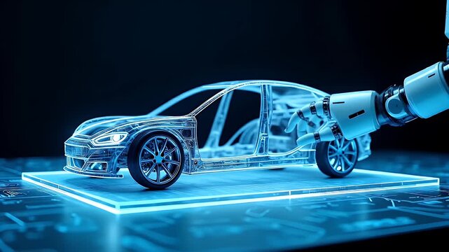 A robotic arm assembling a wireframe car chassis on a glowing blueprint platform, symbolizing automation, smart manufacturing, and AI-driven vehicle production.
