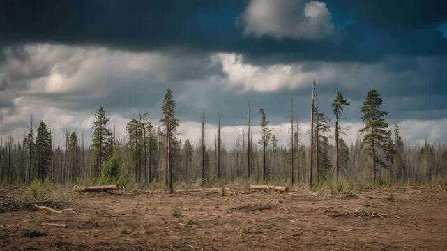Deforestation landscape with barren trees, storm clouds and forest destruction.