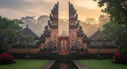 A majestic Balinese split gate, Candi Bentar, at a tranquil temple sanctuary during a beautiful sunrise in Indonesia.
