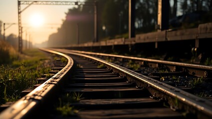 Railroad tracks curving into the distance with a warm sunset glow illuminating the scene beautifully