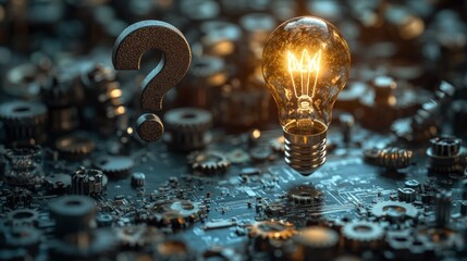 Glowing lightbulb and question mark hovering over detailed electronic circuit board with mechanical gears, representing creativity, innovation, idea generation, artificial intelligence, engineering