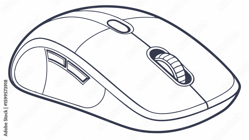 Poster outlined computer mouse with scroll wheel and buttons.