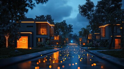 Virtual reality environment showing interconnected smart homes with glowing fiber optic links