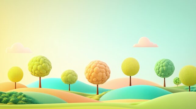 Pastel colored landscape with stylized trees and hills.