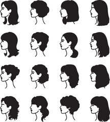 Diverse female profile silhouettes with varied hairstyles profiles black and white
