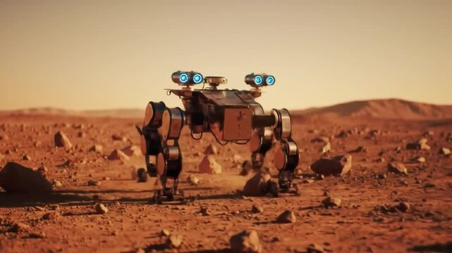 Quadrupedal robot on rocky, red terrain, under a hazy sky