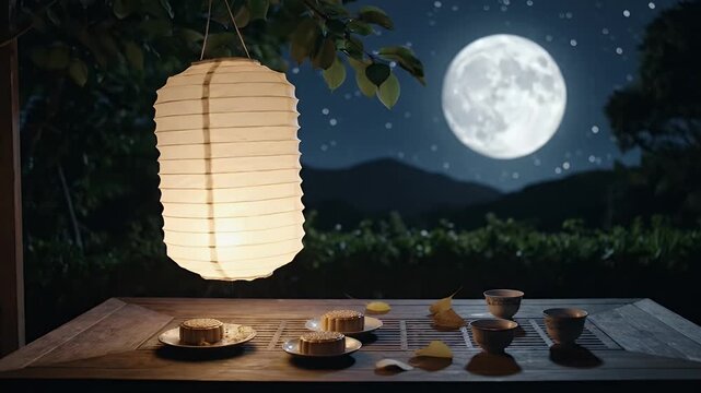 A serene mid autumn festival celebration with mooncakes and a paper lantern under the luminous full moon.