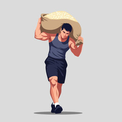 Strong Man Carrying Heavy Beige Sack Walking Forward on Light Background