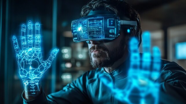 Bearded man male wearing futuristic VR headset interacting with blue holographic interface in high-tech environment, illustrating virtual reality, innovation, and digital interaction in modern design. - Powered by Adobe