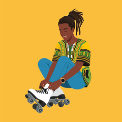 Smiling Woman Tying White Roller Skate Laces on Yellow Background