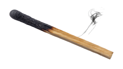Burnt matchstick isolated on transparent background with smoke curling up