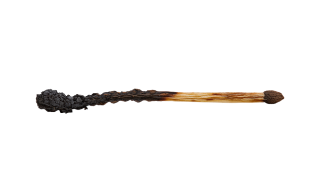 Burnt matchstick isolated on transparent background with charred wood texture