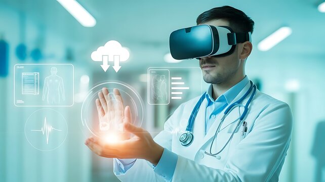 Doctor using VR headset for medical data analysis and visualization in hospital