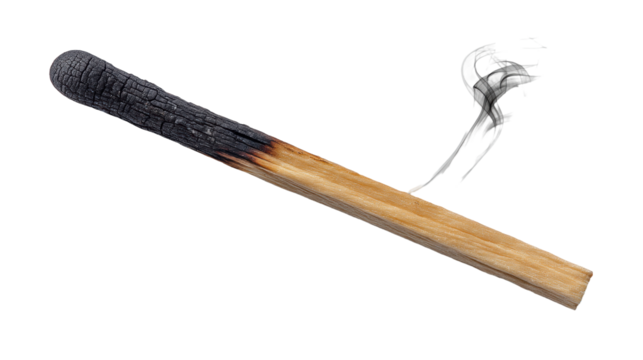 Burnt matchstick isolated on transparent background with smoke curling up