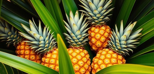 Fototapeta premium Golden pineapples nestled in vibrant green tropical leaves , vacation, summer vacation