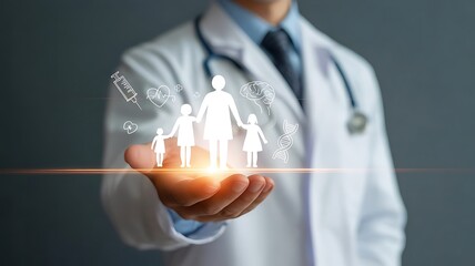 Doctor holding family and medical icons representing healthcare and well being concept