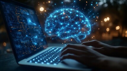 Conceptual image of a person typing on a laptop with a glowing neural brain hologram above, symbolizing artificial intelligence, machine learning, data visualization, digital mind, and innovation