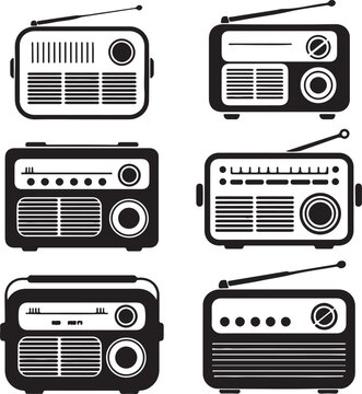 Vintage radio silhouettes with antennas and knobs retro broadcast