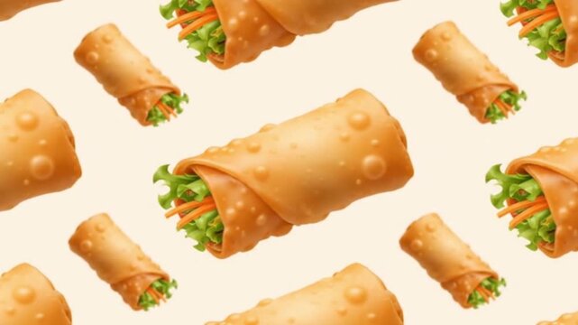 Pattern of egg rolls with lettuce and carrots on a beige background
