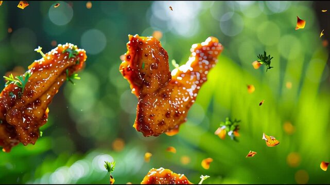 Dynamic Close-up of Delicious Glazed Chicken Wings Falling with Herbs and Spices
