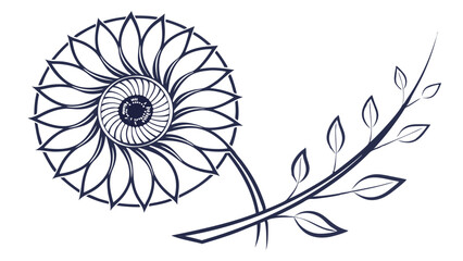Stylized Sunflower and Branch with Leaves Decorative Floral Design.