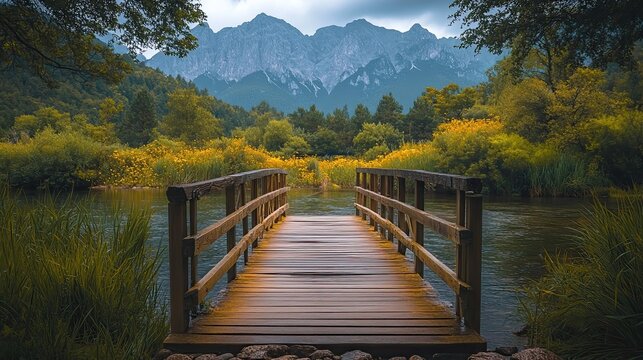 Wooden bridge over river with mountain view, scenic natural landscape for travel, hiking, adventure or calm theme - Powered by Adobe
