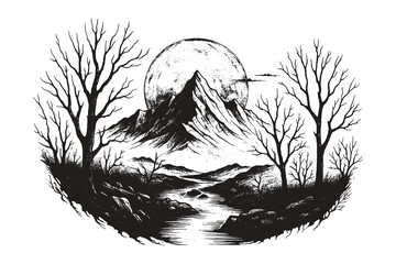 Black and white sketch of a mountain landscape with leafless trees and a full moon in the background. © Chairul