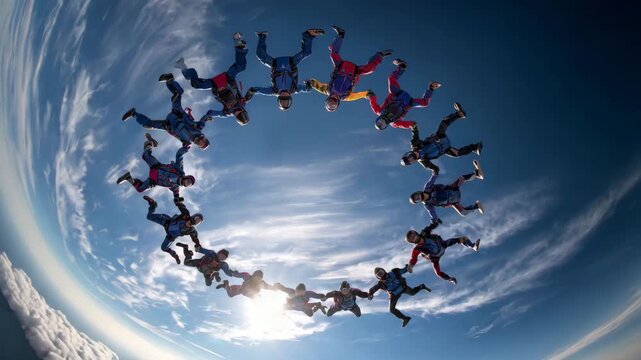 Team Skydiving with Bright Sun and Blue Sky
