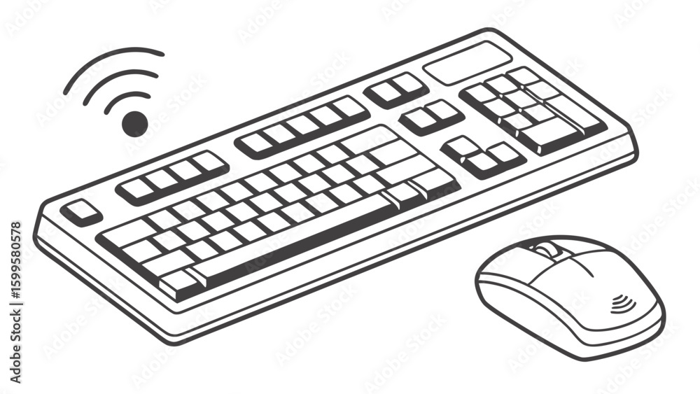Poster wireless keyboard and mouse set isometric view line art.